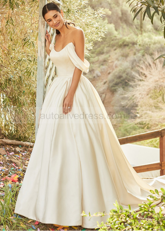 Off Shoulder Ivory Satin Simple Wedding Dress